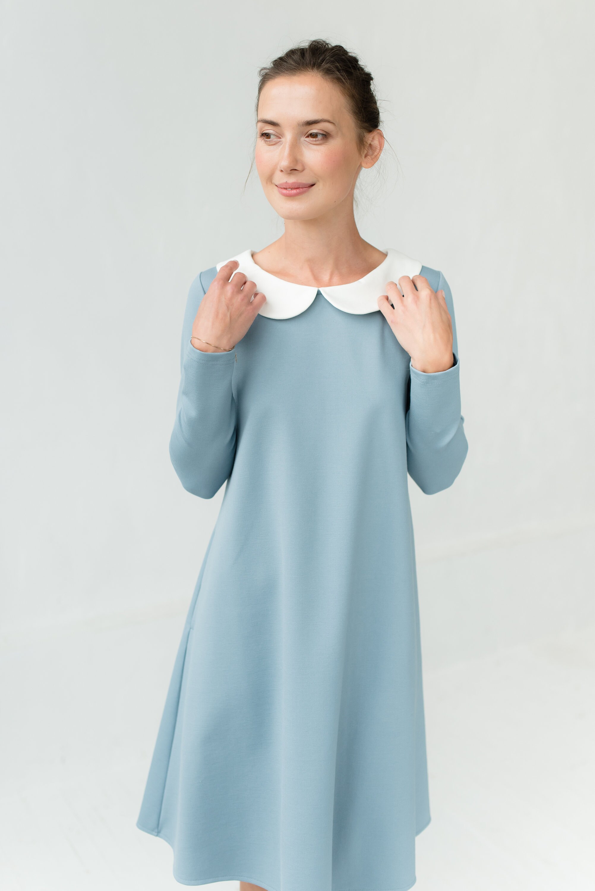 Women Dress Peter Pan Collar Dress Winter Dress Long Sleeve Etsy