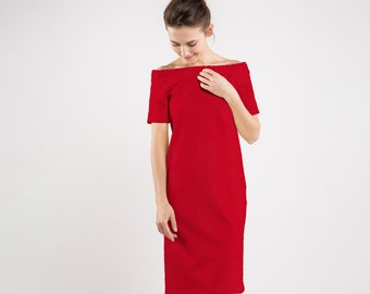 Off Shoulder Dress By LeMuse, Minimalist Cocktail Dress, Red Dress, Holiday Dress, Elegant Dress, Loose Dress, Christmas Dress, Formal Dress