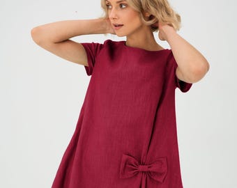 Mother of the groom / bride linen petite dress, knee short shift minimalist frock with belt, spring boho apparel, wedding guest clothes