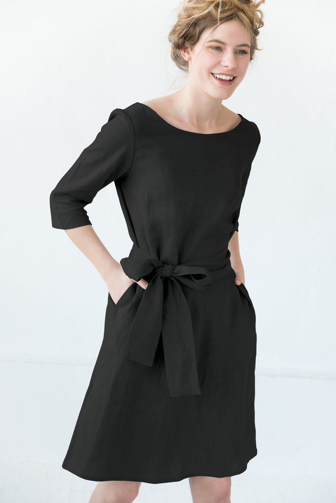 Summer Linen Dress Black Dress Midi Dress Belt Dress - Etsy