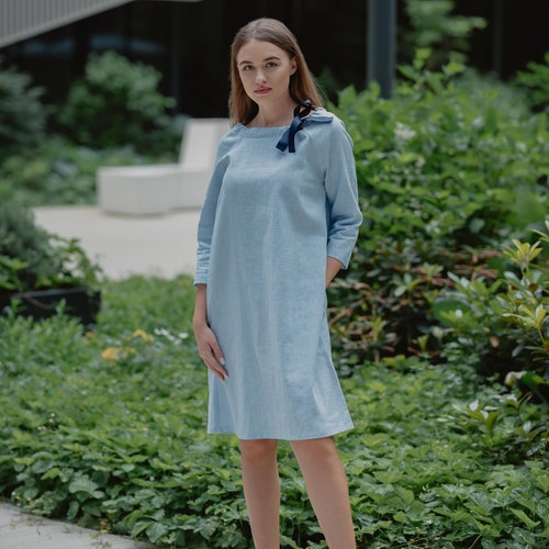 Blue Linen Dress, Minimalist Dress, Womens Clothing, Shift Dress, Fall  Style, Lemuse Dress, Elegant Dress, Womens Clothing, Long Sleeve - Etsy