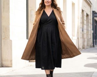 Plus size linen clothing, minimalist wrap dress with pockets, modest bridesmaid shift short rose frock, summer, spring, fall apparel