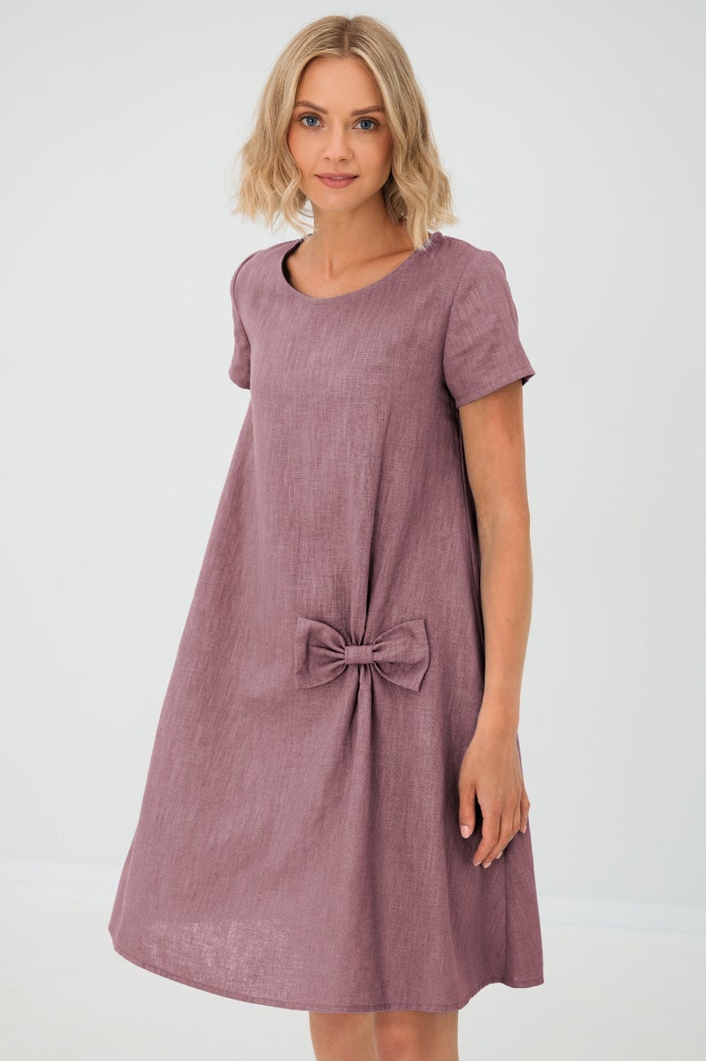 Wedding Guest Dress, Formal Linen Dress, Womens Clothing, Cocktail Dress, Linen Dress, Bow Dress, Elegant Dress, Loose Linen Dress, LeMuse Dusty Rose