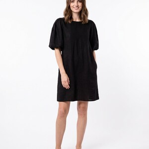 Linen Blend Puff Sleeve Open-Back Dress for Women, Beige, Black, Dusty rose – Charm by LeMuse