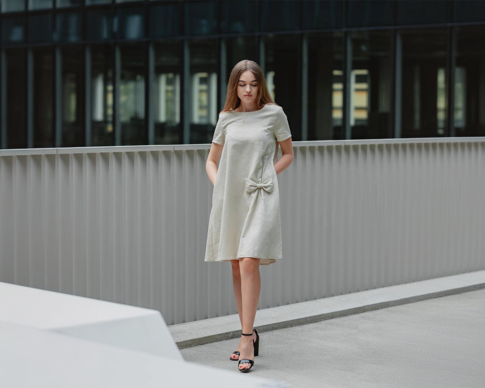 minimalist dress fall Minimalist Linen Dress with Pleat Detail main image 1