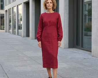Minimalist women's linen teacher dress, classic midi receptionist formal clothing, modest office shift short rose frock, fall apparel