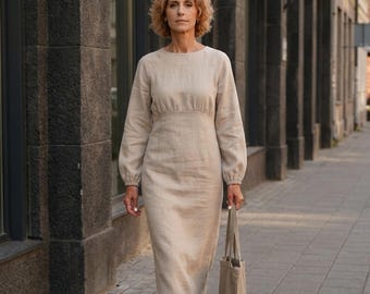 Minimalist women's linen secretary dress, classic midi receptionist formal clothing, modest office shift short rose frock, fall apparel