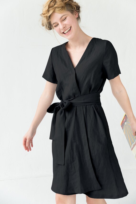 black linen wrap dress