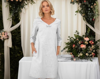 Simple Linen Wedding Dress, Boho Bridal Clothing, White Long Sleeve Dress, Loose Dress, Bohemian Frock With Pockets, Courthouse Wedding