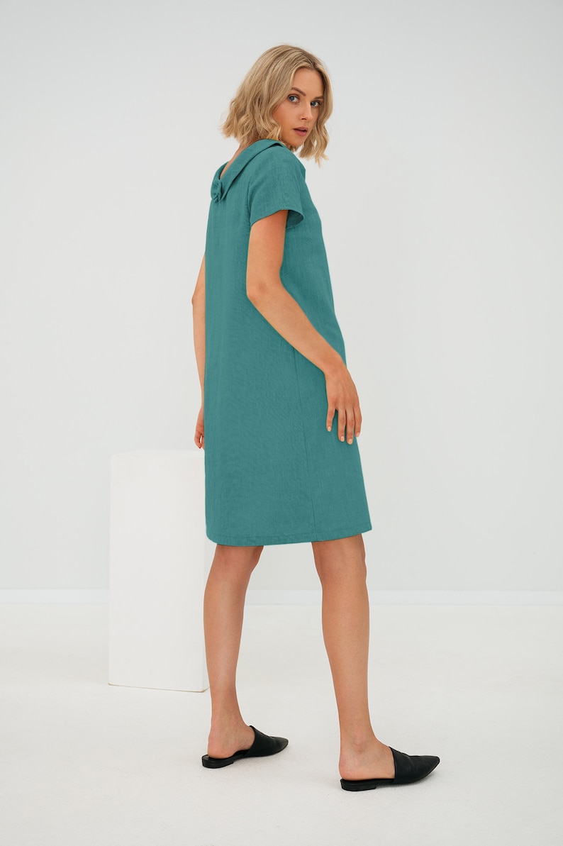 Linen Dress, Women's Clothing, Minimalist Dress With Short Sleeves, Linen Clothing, Modest Linen Dress With Back Ribbon