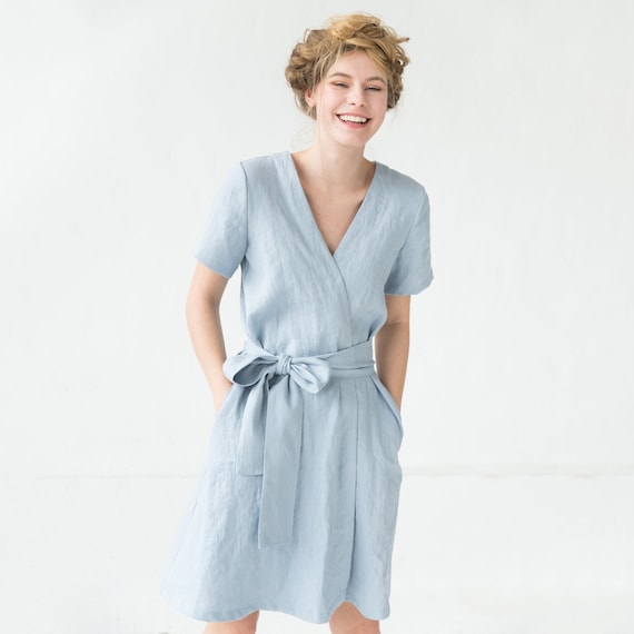 Light Blue Linen Dress MARINE. Linen Wrap Dress. Blue Midi - Etsy