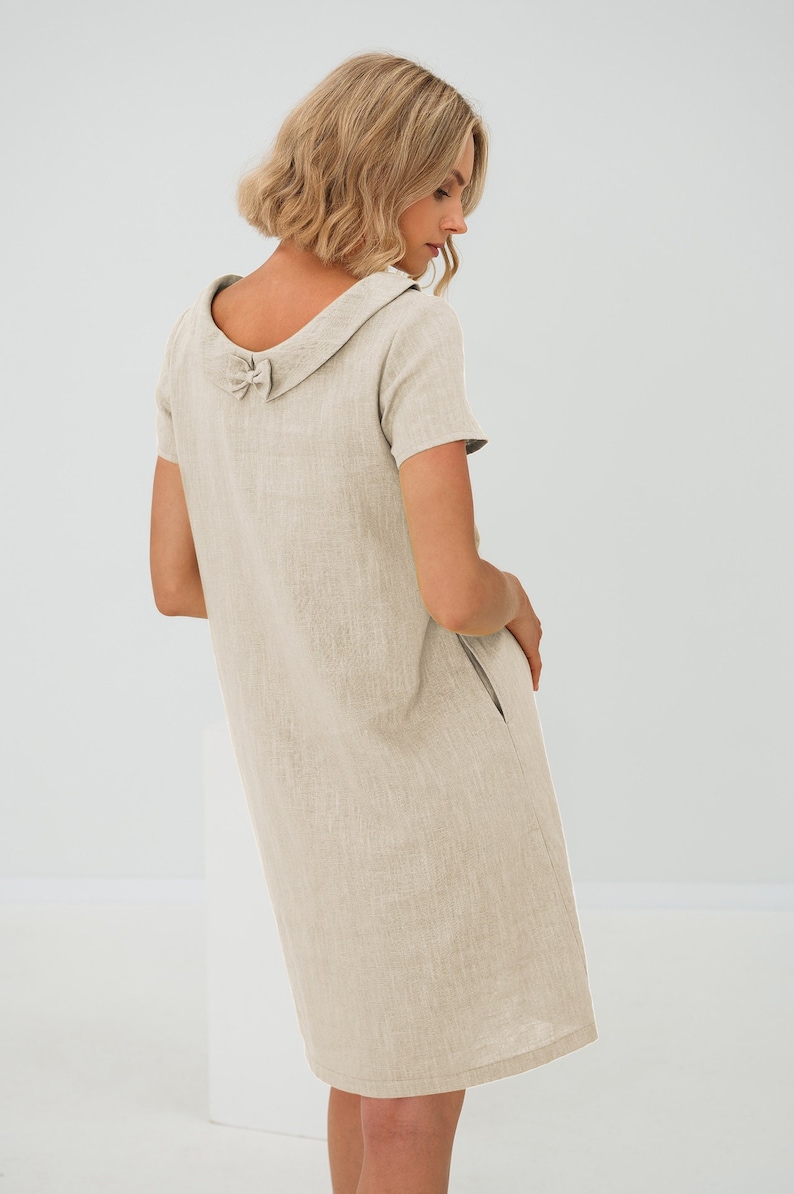 Linen Dress, Women's Clothing, Minimalist Dress With Short Sleeves, Linen Clothing, Modest Linen Dress With Back Ribbon, Beige Dress
