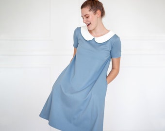 Himmelblaues Kleid, Peter Pan Kragen Kleid, Petite Kleid, Taschen Kleid, Blaues Sommerkleid, Lockeres Kleid, Retro Kleid, Vintage Stil Kleid, Preppy