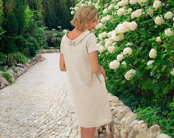 Minimalist linen boho summer short dress, handmade shift cocktail beach boho midi frock, wedding bridesmaid clothes, Birthday gift