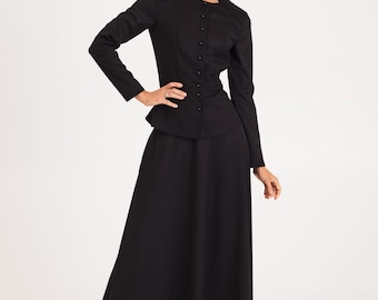Classic black costume for women, formal natural clothing with long sleeves, maxi skirt and tailored top