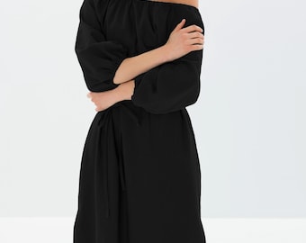 Minimalist linen women's dress, cottagecore long summer natural long sleeve clothing, mid century loungewear apparel