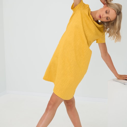 Yellow Linen Dress, Minimalist Dress With Cowl Neckline, A Line Dress With  Short Sleeves, Simple Midi Dress, Linen Clothing, Casual Dress - Etsy
