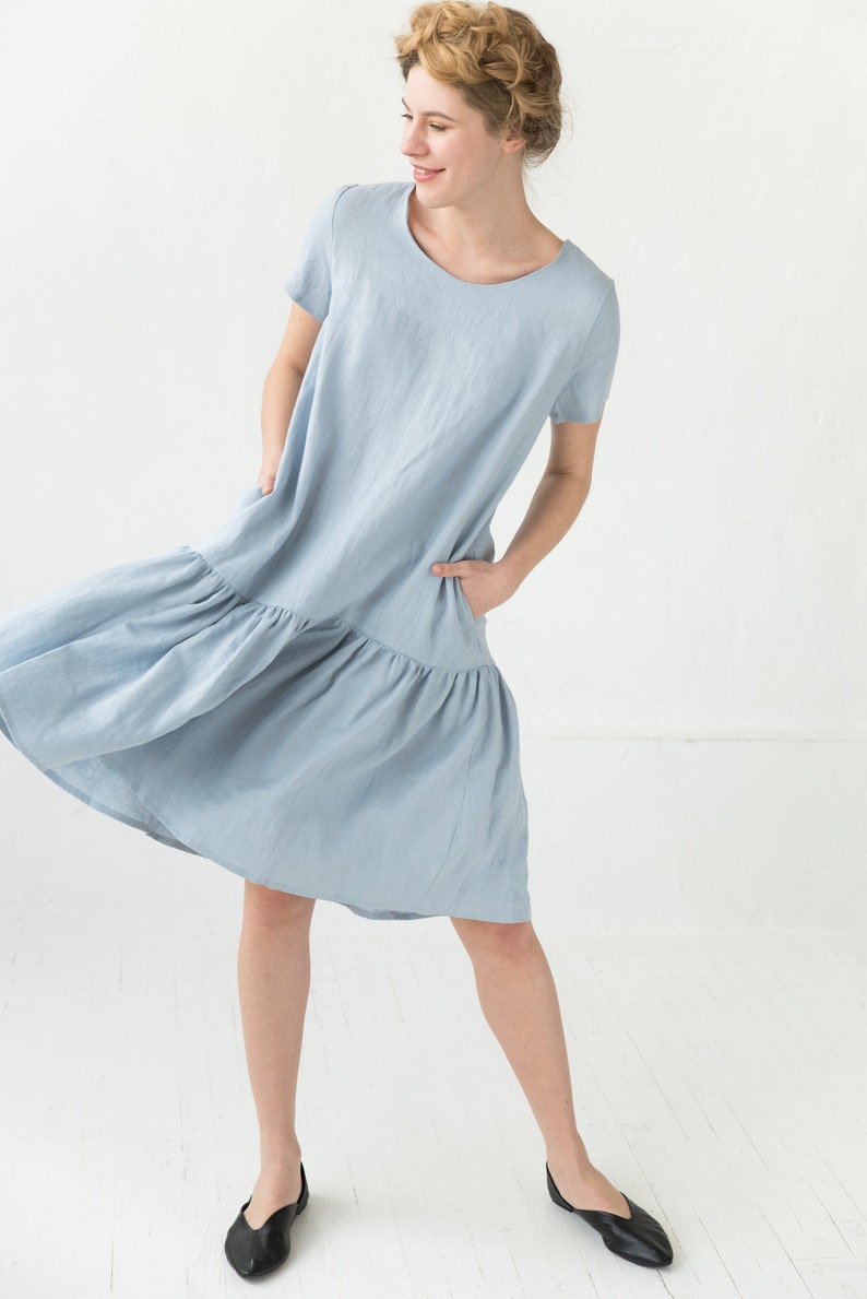 Linen Dress, Light Blue Dress, Flare Dress, Summer Linen Dress, Minimalist Clothing, Casual Dress, Loose Dress, Drop Waist Dress, Oversize image 1