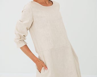 Linen minimalist trapeze dress, knee short shift mother of the bride frock with belt, summer boho petite kimono wedding guest clothes