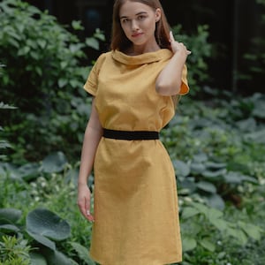 Linen Dress, Women's Clothing, Minimalist Dress With Short Sleeves, Linen Clothing, Modest Linen Dress With Back Ribbon