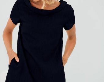 Abito da sposa nero in lino, grazioso vestito estivo da insegnante, completo per il primo giorno di scuola, abito a maniche corte, abito modesto, abito da segretaria