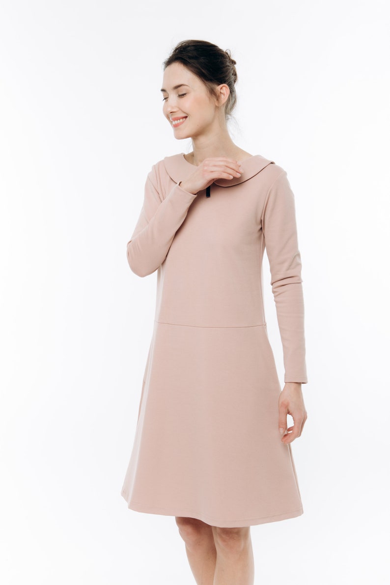 Nude Dress, Women Dress, Long Sleeve Dress, Collar Dress, Blush Dress, Pink Dress, Loose Fit Dress, Party Dress, Minimalist Dress, Collar image 3