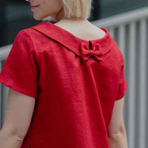 Linen Dress, Women's Clothing, Minimalist Dress With Short Sleeves, Linen Clothing, Modest Linen Dress With Back Ribbon
