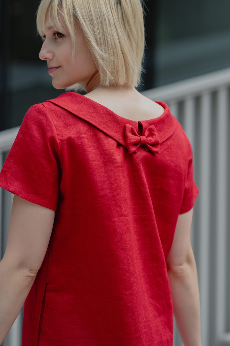 Linen Dress, Women's Clothing, Minimalist Dress With Short Sleeves, Linen Clothing, Modest Linen Dress With Back Ribbon