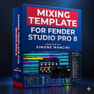 May include: A blue rectangular software box featuring the text MIXING TEMPLATE FOR FENDER STUDIO PRO 8 CREATED BY SIMONE MANCINI. The front displays a digital audio workstation interface with colorful waveforms, mixing console faders, and plugin windows.