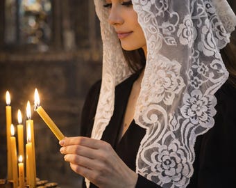新商品｜エリオラ レースベール – ホワイト カトリック マンティラ、花柄チャペルベール、教会用ヘッドカバー