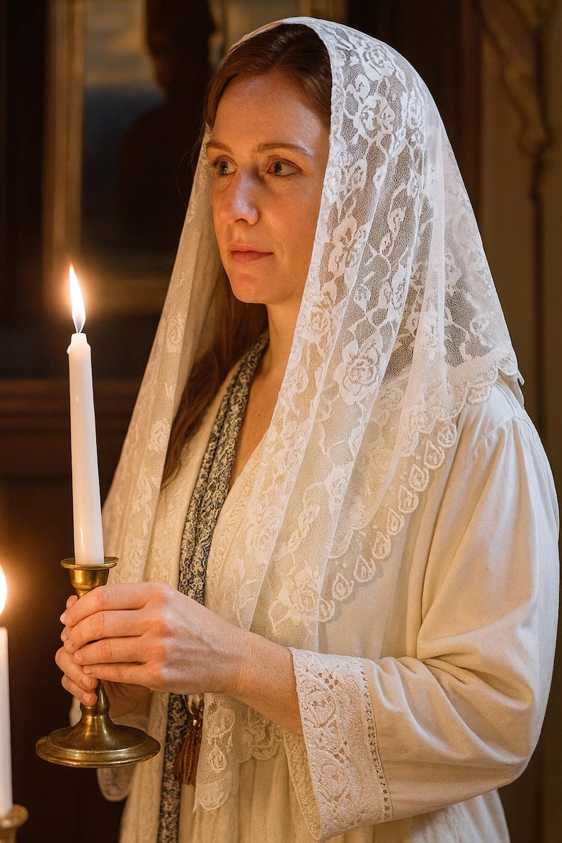 Pu&ograve; includere: Una donna con un velo di pizzo bianco tiene in mano una candela bianca accesa in un candelabro dorato. La donna indossa un abito color crema. La scena &egrave; illuminata in modo soffuso, suggerendo un contesto religioso o cerimoniale.