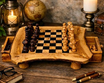Handcrafted Olive Wood Chess Set Rustic Wooden Board with Storage Drawers