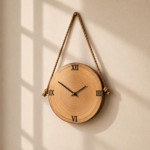 May include: A circular wooden wall clock with a natural wood grain. The clock has black Roman numerals and hands, suspended by a thick rope. The clock's diameter is approximately 30 cm.