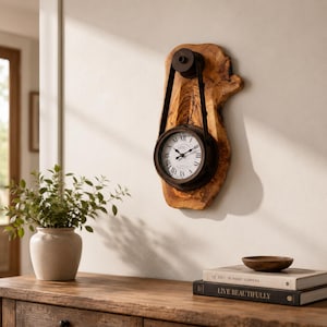 Olive Wood Wall Clock Rustic Hanging Timepiece Handmade Farmhouse Decor Vintage Living Room Gift