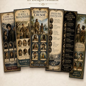 May include: A collection of five rectangular bookmarks featuring literary character guides for classic novels including Crime and Punishment, To Kill a Mockingbird, Robinson Crusoe, Moby Dick, and Tales of the Pacific, with detailed illustrations and text.