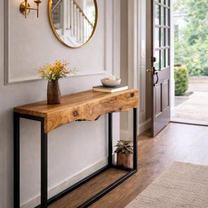 Handcrafted Olive Wood Live Edge Console Table with Black Metal Frame – Rustic Entryway Furniture