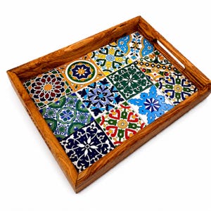 Olive Wood Mosaic Serving Tray, Handmade Mediterranean Tile Coffee Table Decor