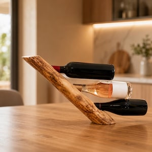 May include: A natural wood wine rack featuring a slanted, log-like design with three circular cutouts. The rack holds one dark red wine bottle at the top, a light rose wine bottle in the middle, and a dark red wine bottle at the bottom base.