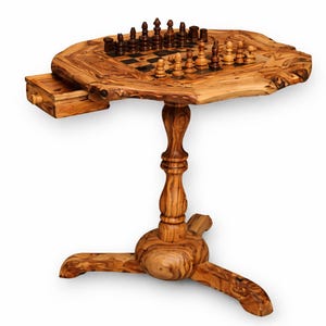 Handmade Olive Wood Chess Table Rustic Pedestal Game Board Luxury Decor Gift - 32 Pieces included