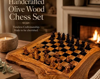 Olive Wood Chess Set Handmade with Unique Live Edge - 32 Pieces included
