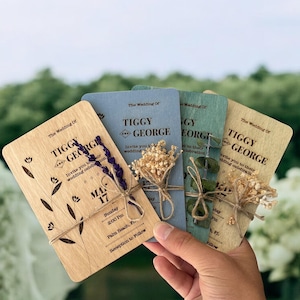 Personalized Wooden Wedding Invitation Set: Floral or Simple Design