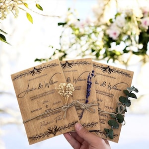 Ensemble de faire-part de mariage | Motif floral lavande en bois | Invitations RSVP à l'eucalyptus pour des mariages et des célébrations élégants