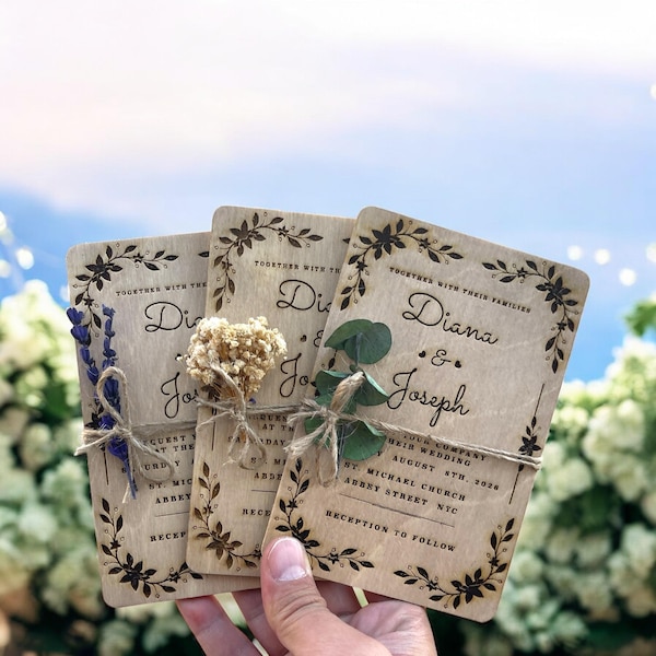 Houten trouwkaartset: rustieke berk met lavendel, eucalyptus