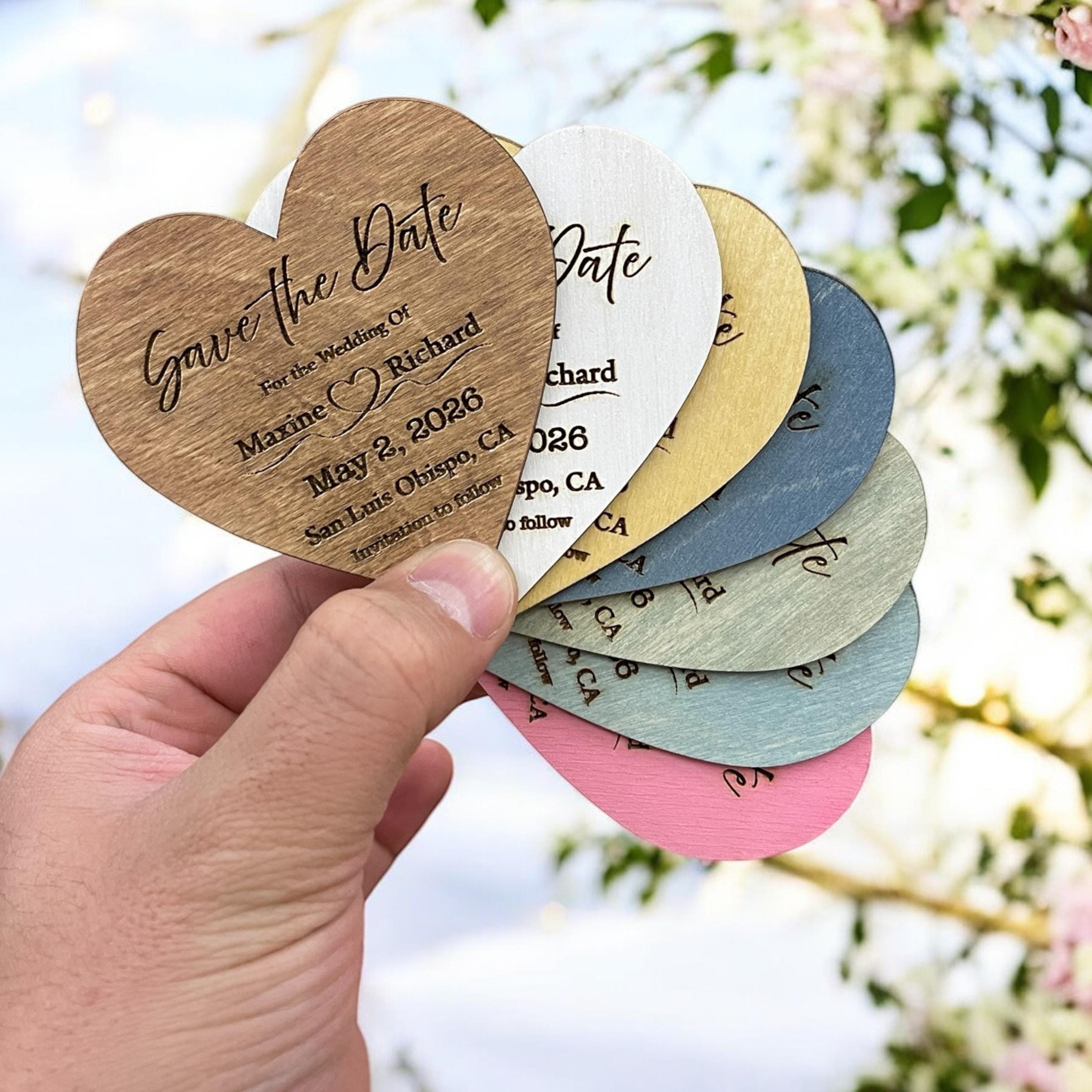 Heart Shaped Wooden Save The Date Magnets: Rustic Wedding Announcement