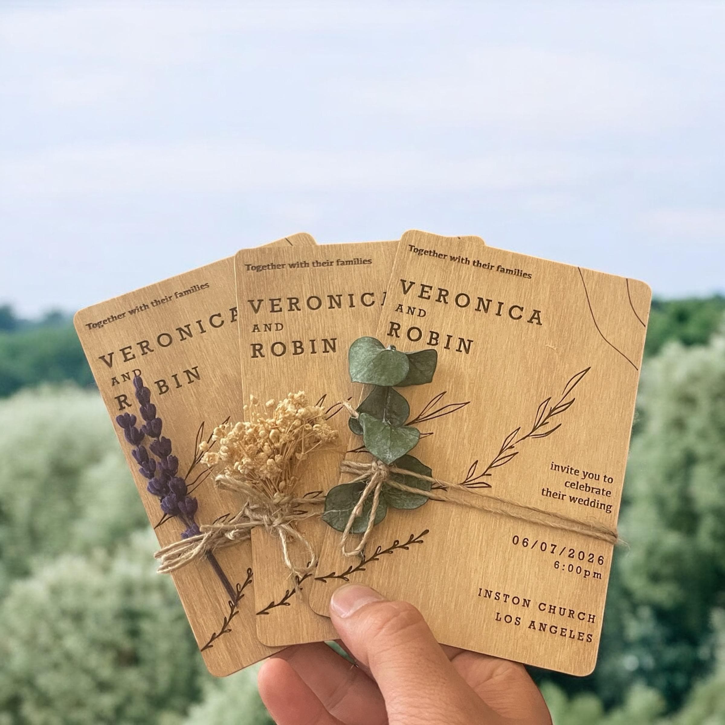 Wooden Wedding Invitation Set RSVP Card, QR Cards, EnvelopeSticker| Vintage Rustic Invites Handmade Wooden Invitation