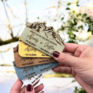 Imanes para guardar la fecha con temática de montaña y tarjeta de respaldo, anuncio de boda personalizado, imanes de madera para guardar la fecha, temática de montaña de Aspen