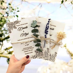 Wedding Invitation Set | Floral Wooden Lavander & Eucalyptus Invites | Elegant Wedding Invitations with RSVP