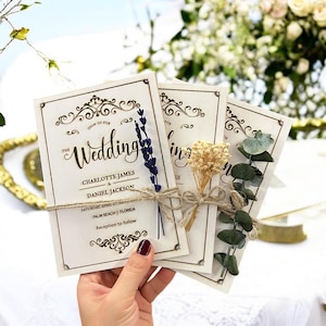 Hochzeitseinladungs-Set, Blumenhochzeitseinladung aus Holz, Lavendel-Hochzeits-Einladungsset, Eukalyptus lädt ein, Hochzeitseinladungen mit Antwortkarte