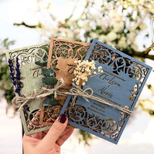Tropische Hochzeitseinladung | Hochzeitseinladungs-Set aus Holz, Antwortkarte, QR-Karte, UmschlagSticker| Vintage rustikale einlädt