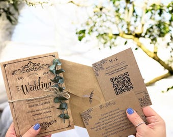 Wooden Wedding invitation Set, Floral Wedding Invitation , Lavander Wedding Invitation Set, Eucalyptus Invites,Wedding Invitations with RSVP